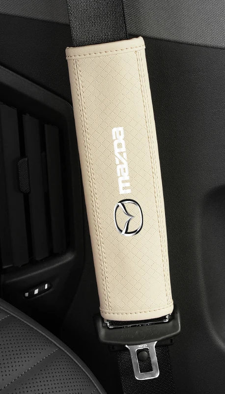 Coussin ceinture sécurité similicuir doux marron beige logo Mazda confort siège - Mazdrive