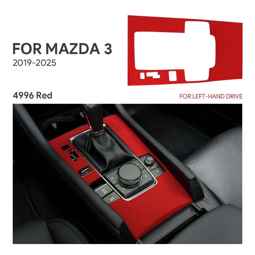 Protection console centrale levier automatique bouton sport suédine rouge Mazda 3 2019-2025 - Mazdrive