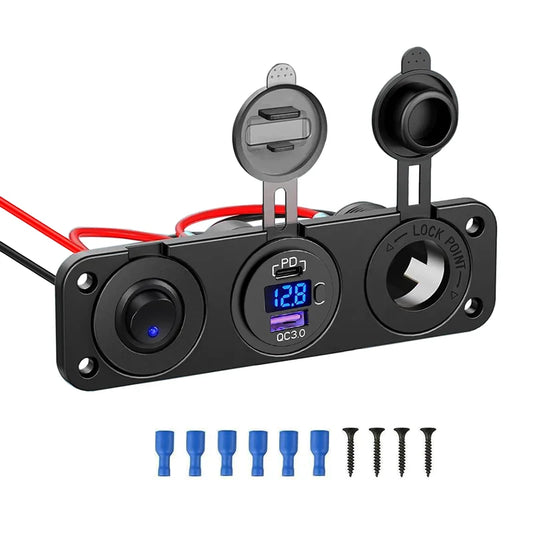 Panneau 3 en 1 allume-cigare 12 V, USB-C PD et QC 3.0 avec voltmètre