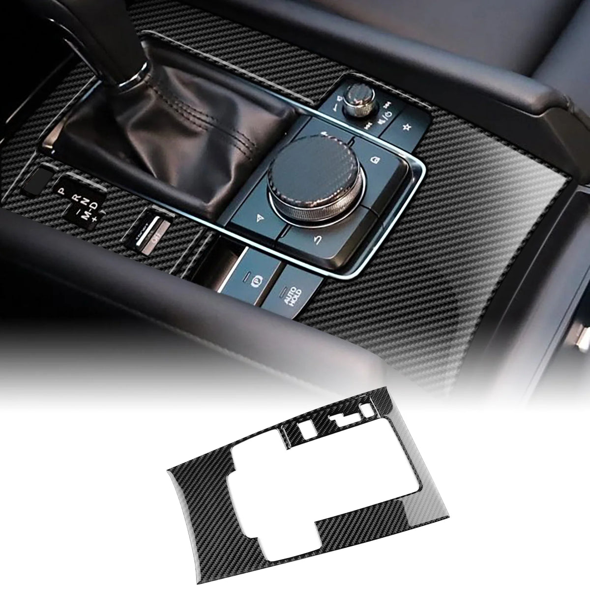 Autocollant fibre de carbone pour panneau de console boîte automatique – Mazda 3 BP – photo 2
