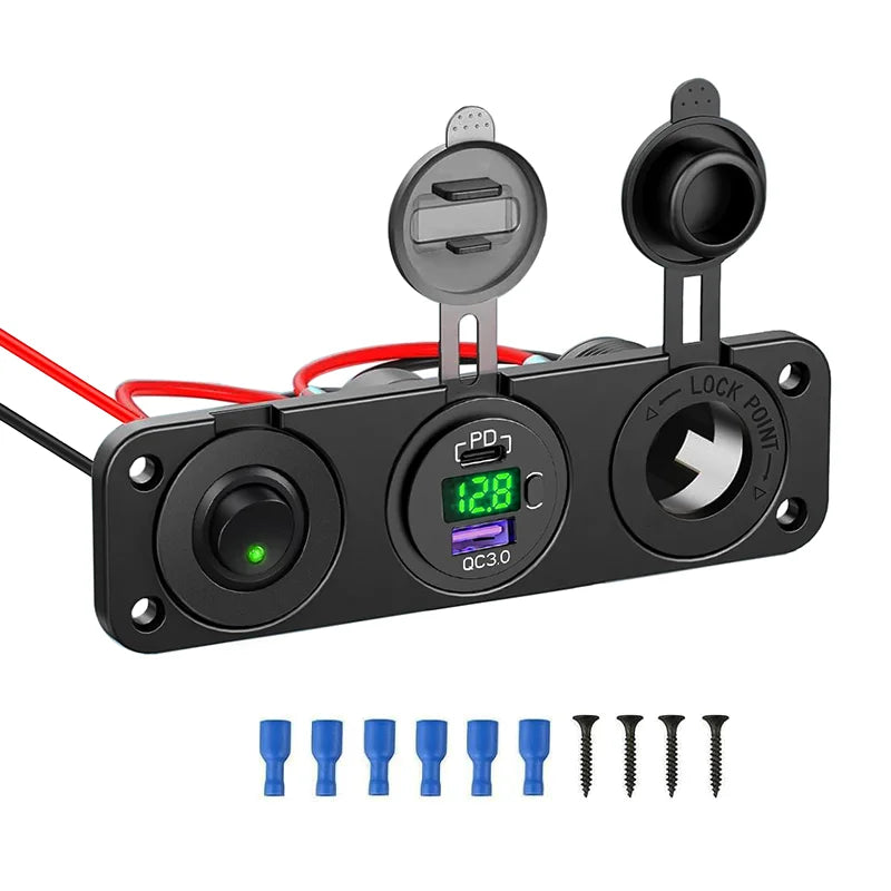 Panneau 3 en 1 Allume-Cigare 12 V, USB-C PD & QC3.0 avec Voltmètre – Mazda