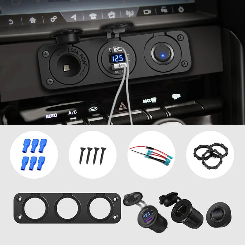 Panneau 3 en 1 Allume-Cigare 12 V, USB-C PD & QC3.0 avec Voltmètre – Mazda