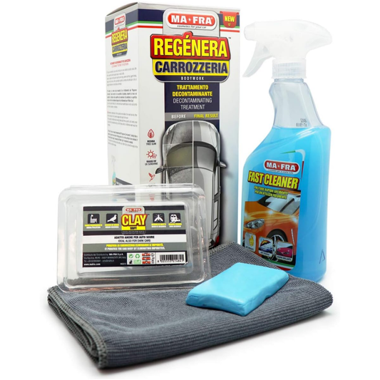 Mafra, Car Refinish Kit – Décontaminant Carrosserie et Vitres, Élimine Résidus Ferreux, Insectes et Saletés, avec Fast Cleaner + Clay Bar Soft